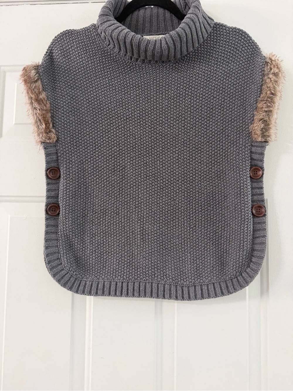 Men's Gray Turtleneck Knit Poncho with Faux Fur Trim